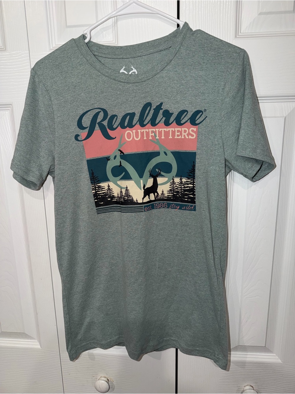 Realtree Men's Heather Sage Graphic Tee with Sunset Outdoor Print